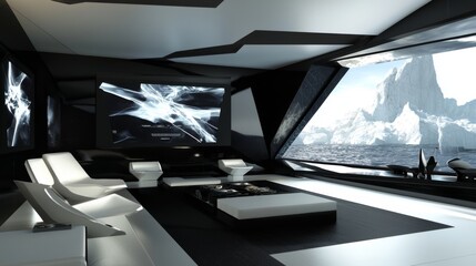An ultra-modern futuristic living room with LED lighting, high-tech furniture, and an interactive media wall. --chaos 20 --ar 16:9 --quality 2 --v 6.1 Job ID: 6098a0c8-75bb-4dcb-adf6-02ca630065f6