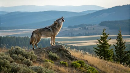 A wolf stands atop a hill its chest heaving as it lets out a triumphant roar that echoes across the landscape, predator, wilderness, landscape, nature, solo