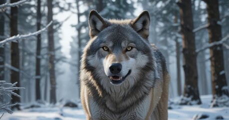 Naklejka premium A wolf's muzzle with a hint of frost in the snowy forest, fur texture, snowy forest