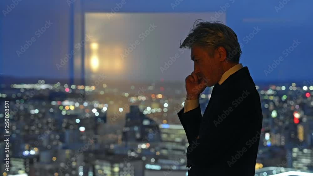 Aufkleber シニア、男性、ビジネスマン、ビジネスパーソン、社長、経営者、夜景、都市、考える、疑問、不安、心配、経営、マネジメント、ホテル、オフィス、ラウンジ、ロビー、展望、人材、中高年、ミドルエイジ、エグゼクティブ、人手不足、事業承継、悩む、悩み、困る、不満、トラブル、問題、課題、憂鬱、落ち込む、ストレス、がっかり、残念、緊張、暗い、シリアス、社会、イライラ、日本人、仕事、働く、残業、投資家、不景気、経済、人