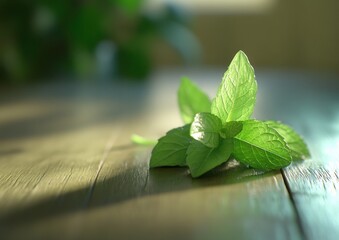 Fresh Mint Sprig on Wooden Surface: A Culinary Delight