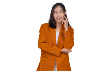 Portrait of Young Businesswoman Pointing Thinking Isolated Transparent
