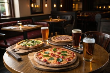 Fototapeta premium A wooden pub table surrounded by artisan pizzas and craft beers in a warm and inviting ambiance, cozy atmosphere, artisan pizza, candles, wooden table, rustic decor
