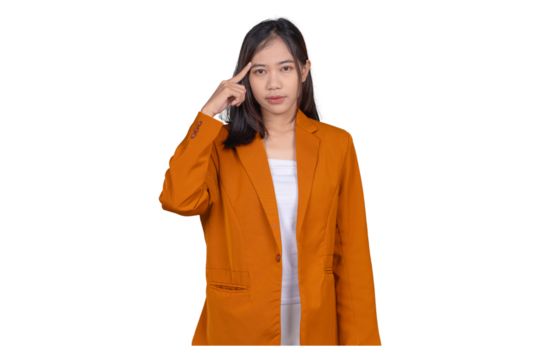 Portrait of Young Businesswoman Pointing Thinking Isolated Transparent