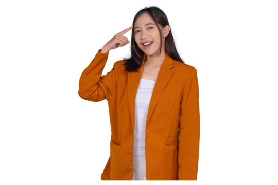 Portrait of Young Businesswoman Pointing Thinking Isolated Transparent
