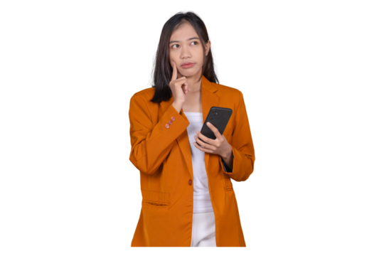 Portrait of Young Businesswoman Pointing Thinking Isolated Transparent