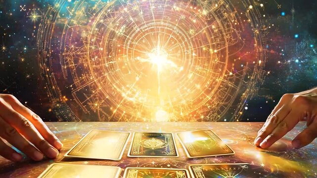 A mesmerizing scene of two hands engaging in a tarot card reading, surrounded by glowing celestial symbols and an intricate astrological chart. The golden light and cosmic background evoke themes 