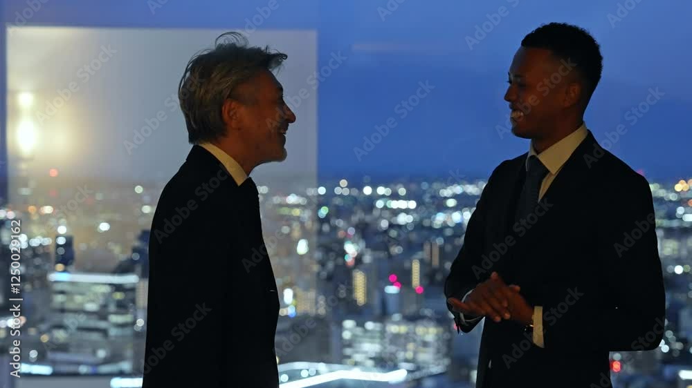 Aufkleber ビジネス、会議、ミーティング、打ち合わせ、ビジネスマン、男性、英会話、夜景、ビジネスパーソン、笑顔、会話、オフィス、シルエット、都市、社会、暗い、ロビー、ラウンジ、ホテル、パーティー、イルミネーション、グローバル、国際、外国人、日本人、黒人、エグゼクティブ、シリアス、談笑、商談、仕事、スーツ、経営、展望、交渉、ディール、外交、コミュニケーション、パートナー、エリート、中高年、シニア、ミドルエイジ、