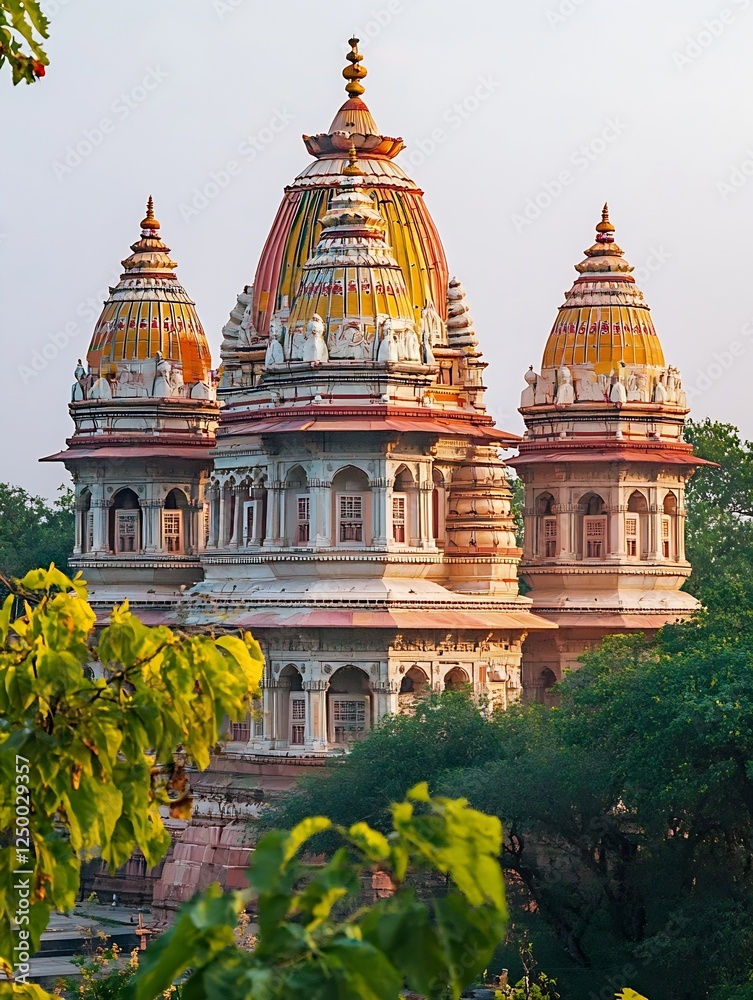 Aufkleber Stunning Temple Architecture with Intricate Details Surrounded by Lush Greenery at Sunrise : Generative AI