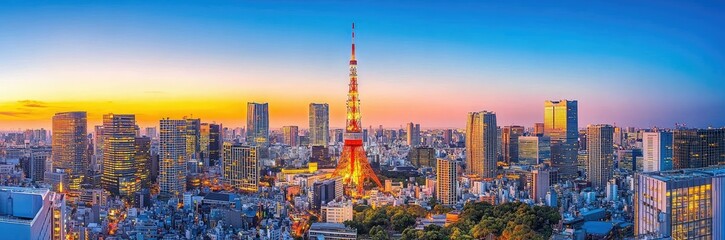 Tokyo Skyline Sunset Featuring Iconic Tower