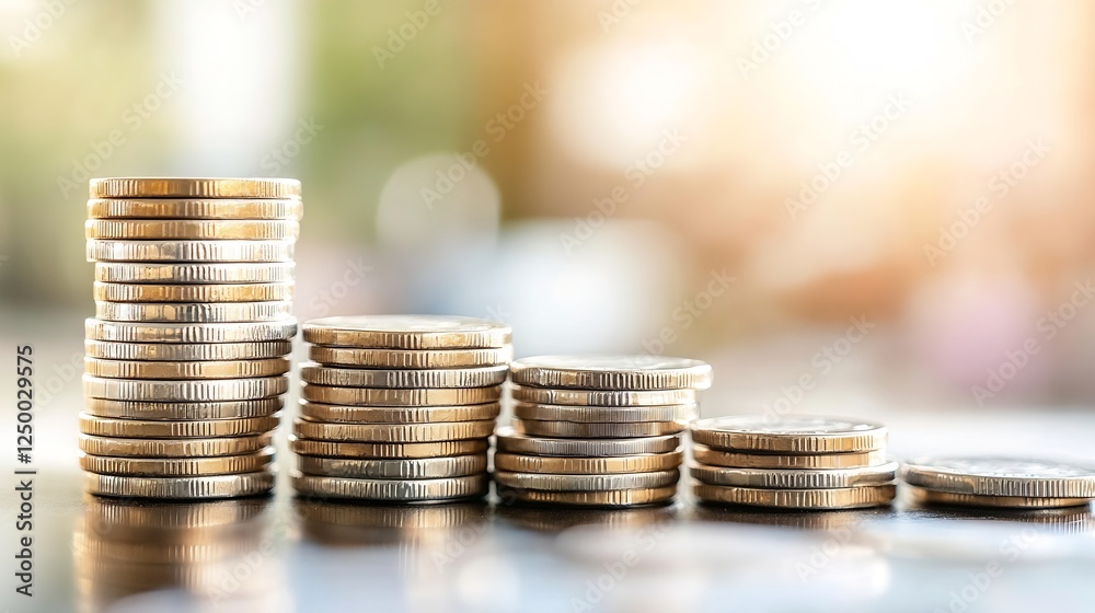 Fototapete stacked coins in soft focus with glowing light in the background : generative ai