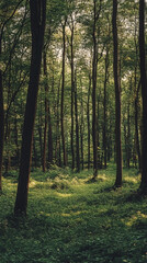 A serene forest landscape with tall trees and lush green foliage under soft light filtering through