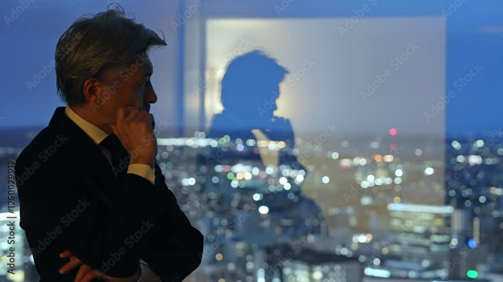Poster シニア、男性、ビジネスマン、ビジネスパーソン、社長、経営者、夜景、都市、考える、疑問、不安、心配、経営、マネジメント、ホテル、オフィス、ラウンジ、ロビー、展望、人材、中高年、ミドルエイジ、エグゼクティ