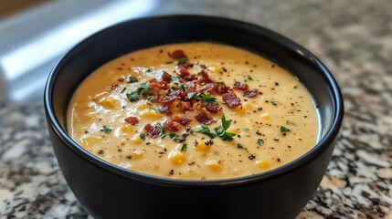 Creamy Corn Chowder Topped With Crispy Bacon and Fresh Herbs in a Black Bowl on a Granite Countertop