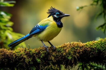 Green jay bird perches on mossy branch with blurred greenery background. Use for nature education