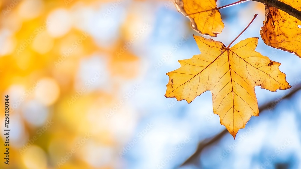 Poster Close up of a vibrant golden maple leaf against a soft out of focus background : Generative AI