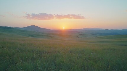Obraz premium Sunset Prairie Landscape Rolling hills, golden hour, serene nature scene, travel poster