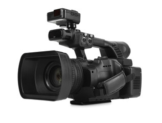 Modern professional video camera isolated on white