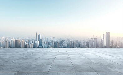 Empty Concrete Floor Overlooking a Cityscape with Blue Sky Horizon Background