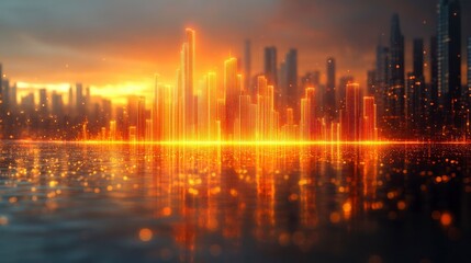 Fototapeta premium Rising Glowing Bar Graph Representing Financial Growth in Cityscape