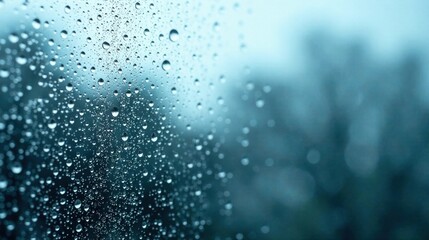 A Close-Up View of Raindrops Adhering to a Glass Surface, Blurred Background