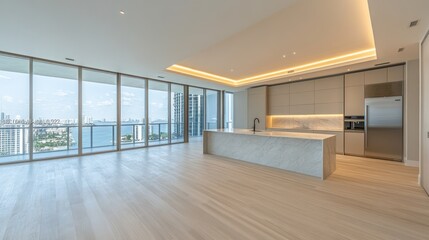 Obraz premium Modern luxury condo with panoramic city and ocean views, featuring an open-plan kitchen with marble island and hardwood floors.
