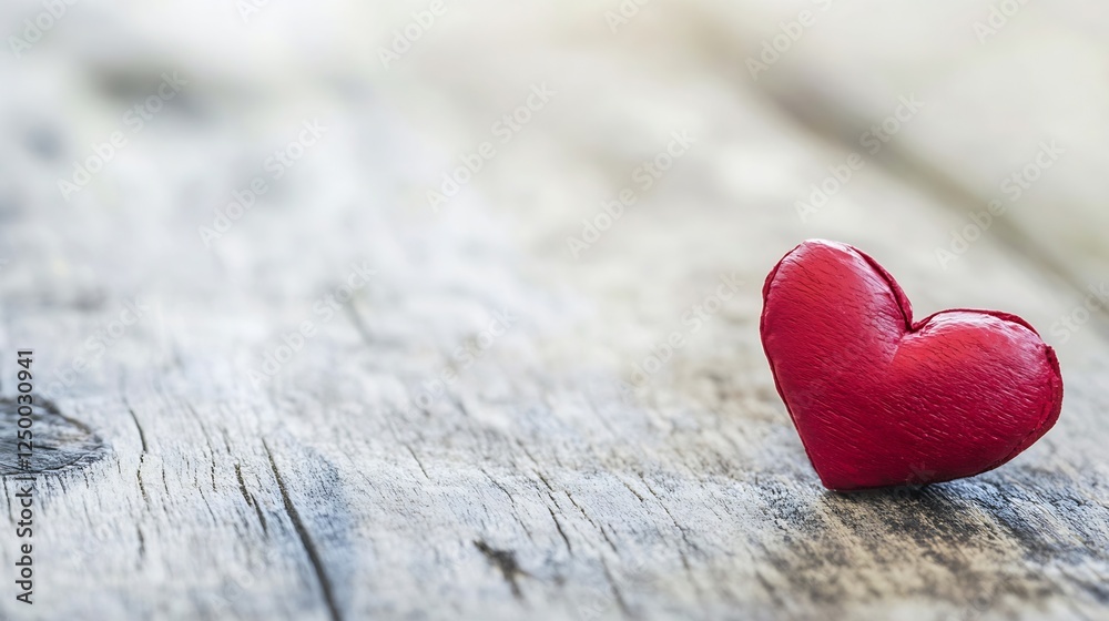 Poster Adorable red heart shaped decoration resting on rustic wooden table with soft focus background : Generative AI