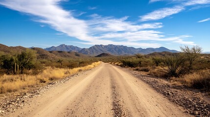 Fototapeta premium A Stunning View of a Dirt Road Leading Through a Desert Landscape Under a Bright Blue Sky : Generative AI