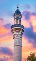 Minaret tower against a vibrant sunset backdrop showcases islamic architectural elegance beautifully