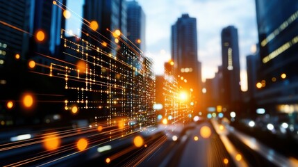 Glowing Digital Data Overlay on Cityscape at Sunset