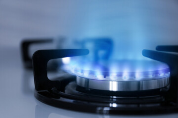 Gas burner with blue flame on stove, closeup