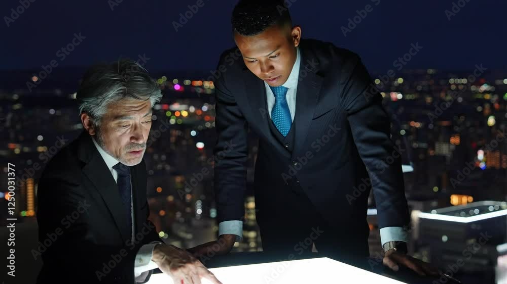 Aufkleber ビジネス、ビジネスマン、会議、ミーティング、打ち合わせ、仕事、相談、夜景、シリアス、ビジネスパーソン、戦略、経営、アドバイザー、コンサルタント、コンサルティング、社長、経営者、上司、部下、マネジメント、企業、人材、指導、シニア、ミドルエイジ、中高年、日本人、男性、外国人、黒人、グローバル、国際、英会話、チームワーク、グループ、展望、クール、暗い、ダーク、画面、作戦、計画、秘密、エージェント、未来、