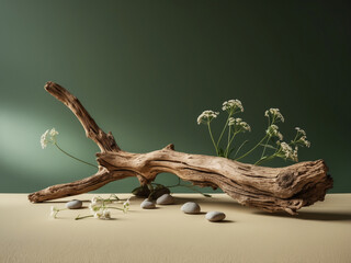 Fototapeta premium A serene still life composition featuring a weathered driftwood piece, delicate white wildflowers, and smooth pebbles against a muted green background.