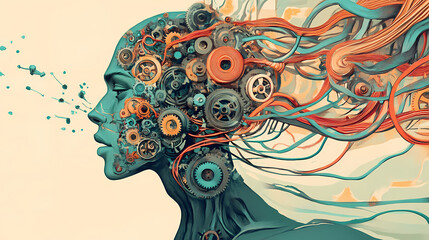 Surreal fusion of human and machine with gears and wires. Bio-Mechanical Symbiosis. Illustration