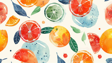 Bright and colorful watercolor fruit pattern featuring oranges, lemons, and limes, creating cheerful and fresh atmosphere