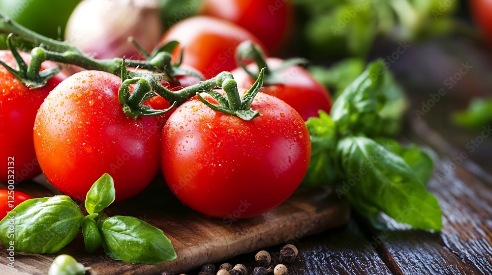 Aufkleber Fresh Red Tomatoes with Basil Leaves on Rustic Wooden Table for Culinary Use : Generative AI