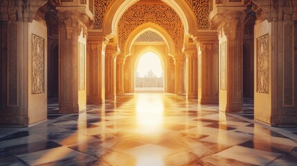 Ornate arches and sunlit floor inside a majestic building with intricate designs and pillars