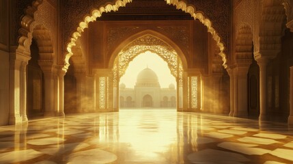 Obraz premium Golden gateway to serenity shimmering marble floor elegant arches architectural brilliance