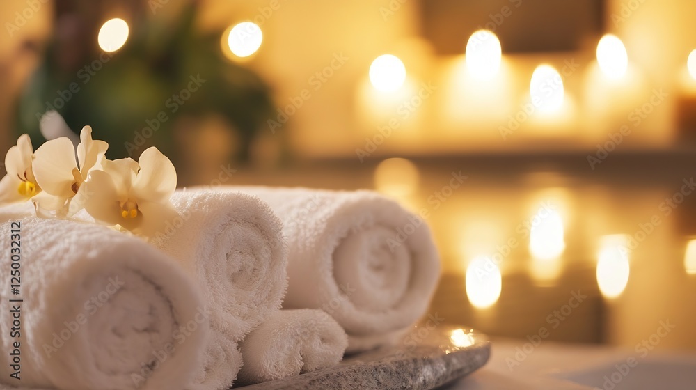 Poster relaxing spa setting with soft white towels and natural orchid flowers in a calm atmosphere : genera