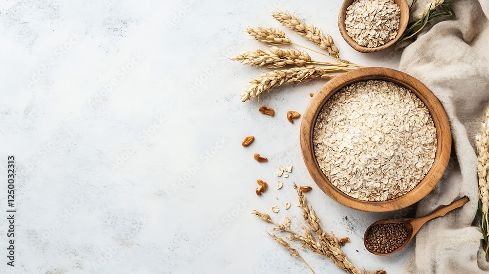 Aufkleber Natural Ingredients and Healthy Oats Displayed in Rustic Bowls on Light Background : Generative AI