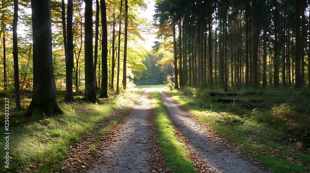 Poster scenic autumn pathway through lush green forest with sunlight streaming through trees : generative a