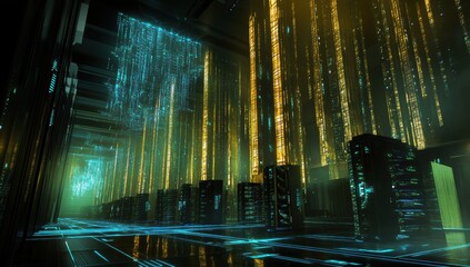 Futuristic server room with glowing data streams.