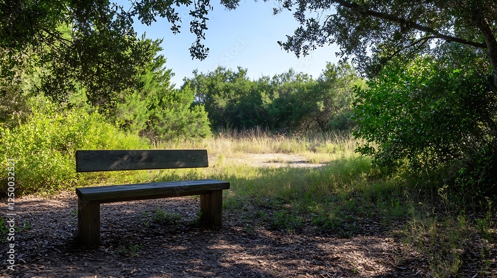 Poster peaceful park bench surrounded by lush greenery and trees in a natural setting : generative ai
