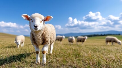 Obraz premium Curious Baby Sheep Looking Playfully at Camera on Sunny Farm Day : Generative AI