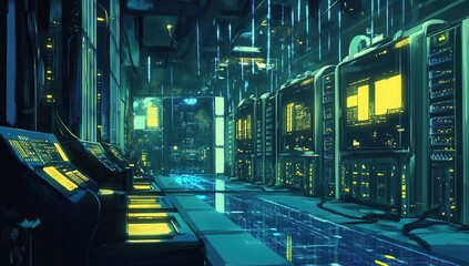 Futuristic server room with glowing screens and consoles.