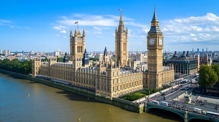 Fototapeta premium Aerial view of the iconic Houses of Parliament and Big Ben in London : Generative AI