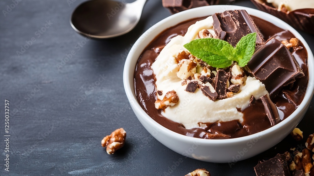 Poster decadent chocolate dessert with creamy ice cream topped with nuts and mint garnish : generative ai