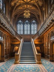 Fototapeta premium Stunning Interior of Historic Mansion Featuring Grand Staircase and Beautiful Stained Glass Windows : Generative AI