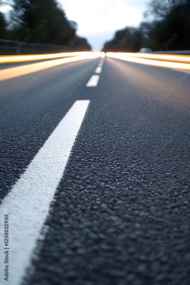 Poster dramatic perspective of empty road illuminated by vehicle lights : generative ai
