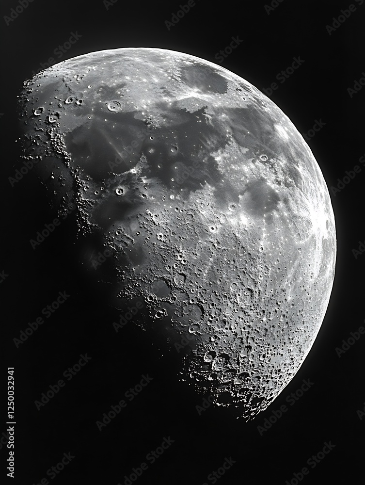 Poster Crisp and Detailed Black and White Image of the Moon's Surface Captured in High Resolution : Generative AI